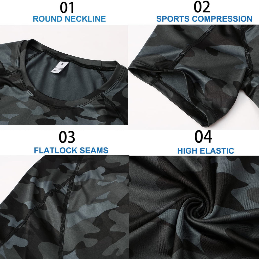 Camo Black Compression Shirts Men Short Sleeve Workout Gym T-Shirt Running Tops Cool Dry Sports Base Layer Undershirts