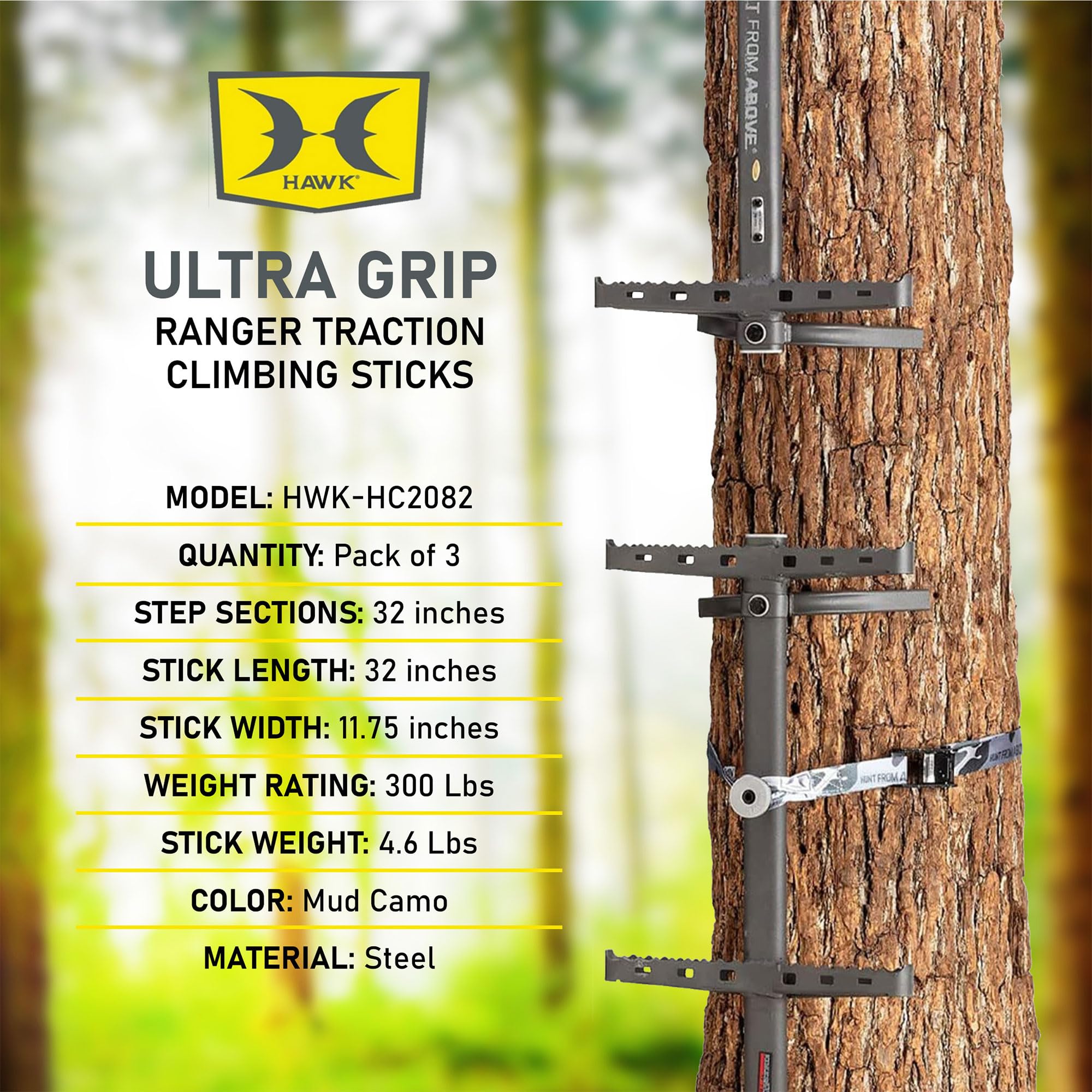 Hawk Ranger Traction 32" Climbing Sticks w/Angled Steps, Tree Climbing Hunting Gear Hunting Accessories for Tree Stands, Deer Stands, & Blinds, 3 Pack