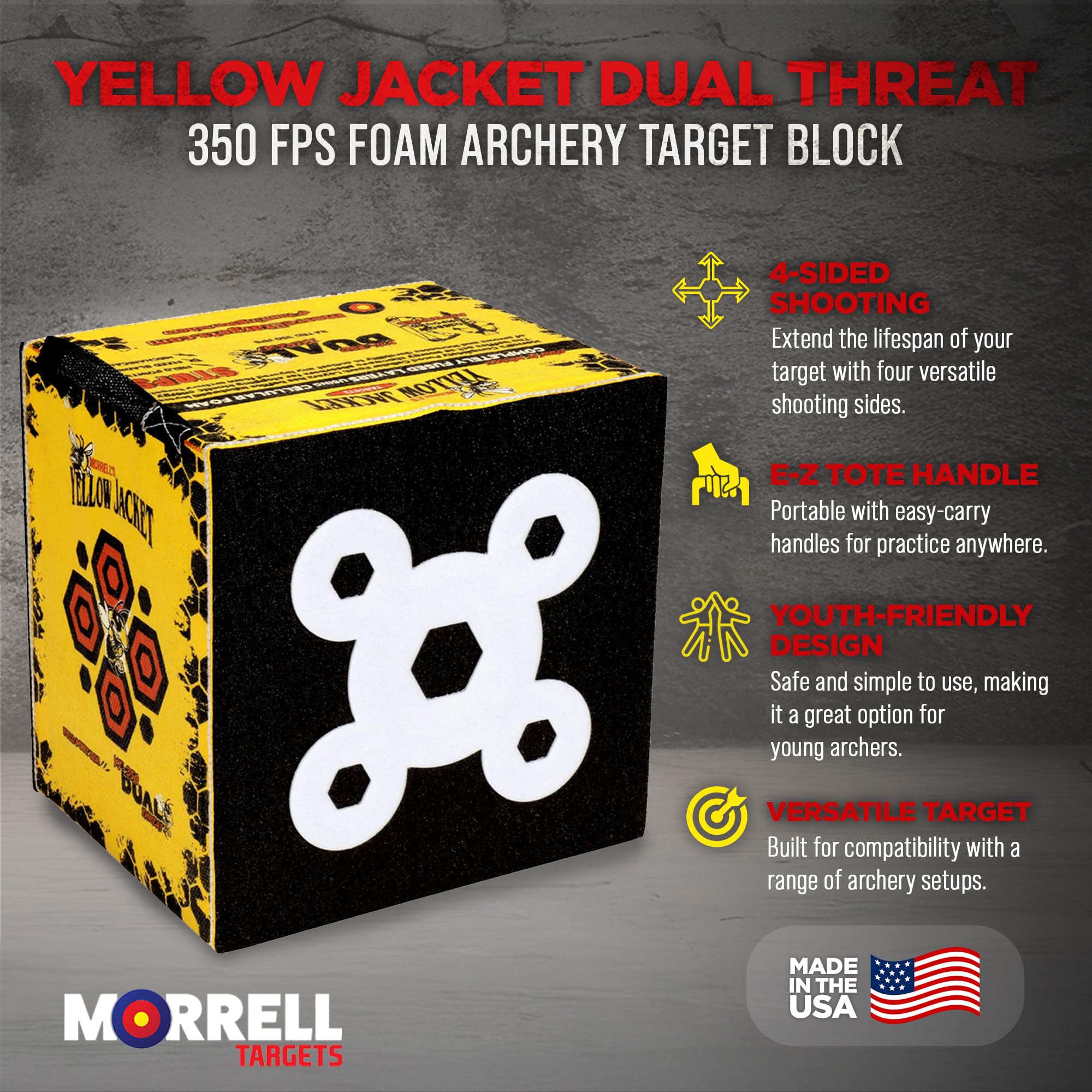 Morrell Yellow Jacket Dual Threat 350 FPS Foam Archery Target Block for Compound Bows and Crossbows, with 4 Sides and 32 Bullseyes, Yellow