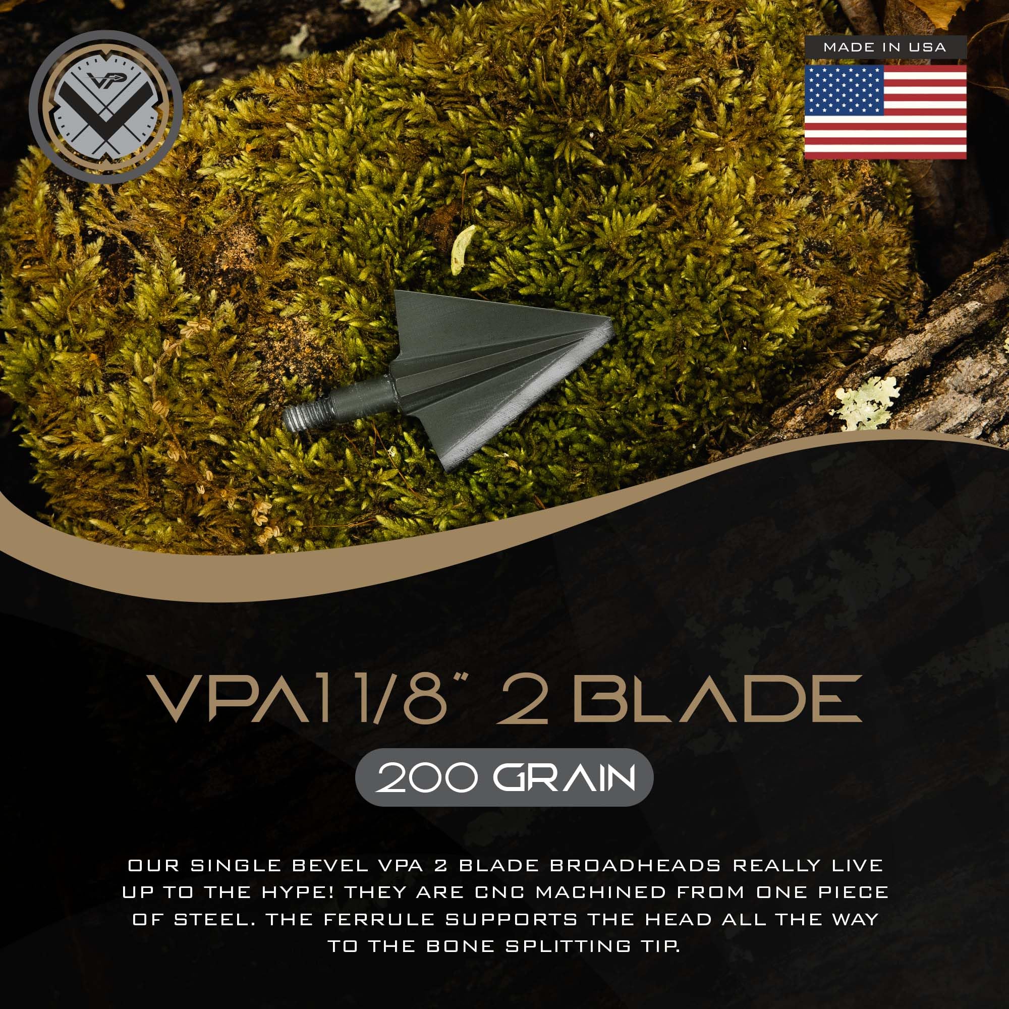 Vantage Point Archery VPA 1 1/8" 2 Blade 200 Grain Right Single Bevel Broadhead, Screw-in, 1045 Carbon Tool Steel 50-52 Rockwell, 3 Pack, Made in The USA