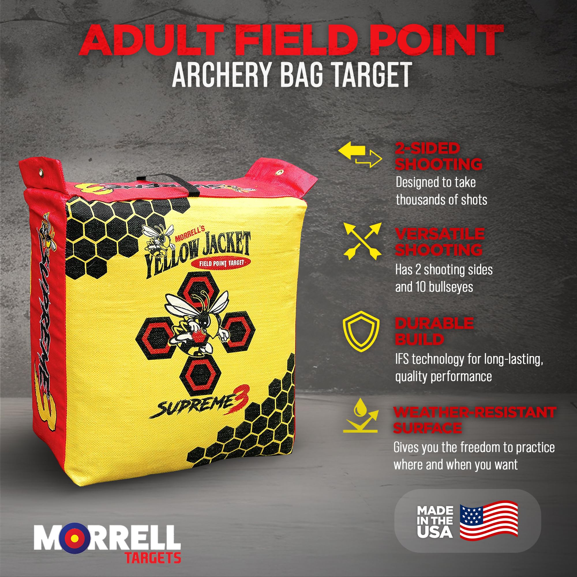 Morrell Yellow Jacket Supreme 3 Archery Target, 23" x 12" - Weatherproof, 54 Layers, Dual-Side Shooting Target Bag for Backyard Compound Bow Practice