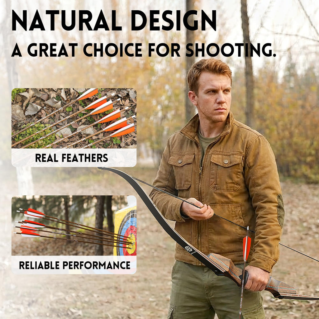 ARCTIRA 12Pcs Archery Traditional Carbon Arrows for Recurve Bow with Feather for Longbow Compound Bow Lightweight Hunting Arrows for Adults Target Practice (Brown Shaft, 500 Spine)