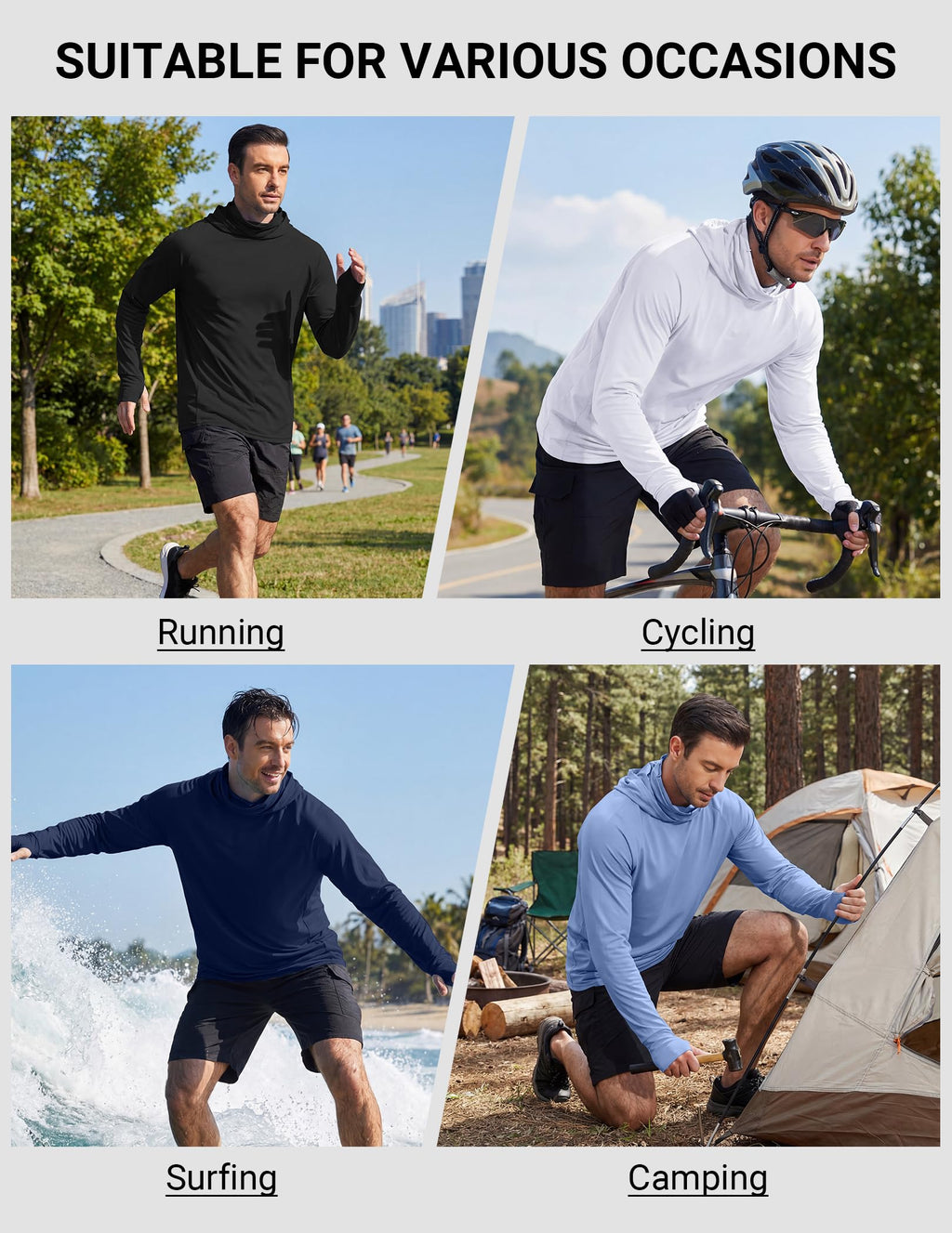 COOFANDY Mens Sunscreen Hoodie Shirts Long Sleeve Fishing Swim SPF Shirt Rash Guard UPF 50+ Lightweight for Hiking Workout Black Camouflage