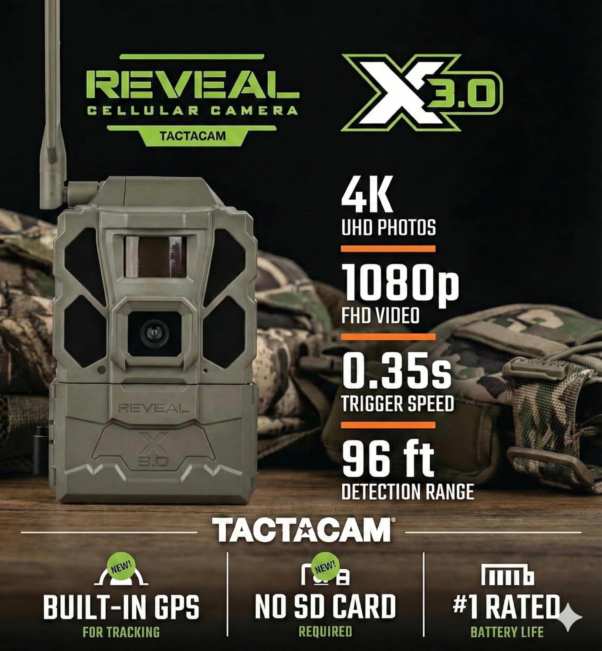 TACTACAM Reveal X Gen 3.0 Cellular Trail Camera - Multi Carrier, HD Photos & Videos, Pre-Installed Antenna, Built-in GPS, Best Battery Life, Low-Glow, Fast Trigger Speed + Cleaning Cloth (1 PK)