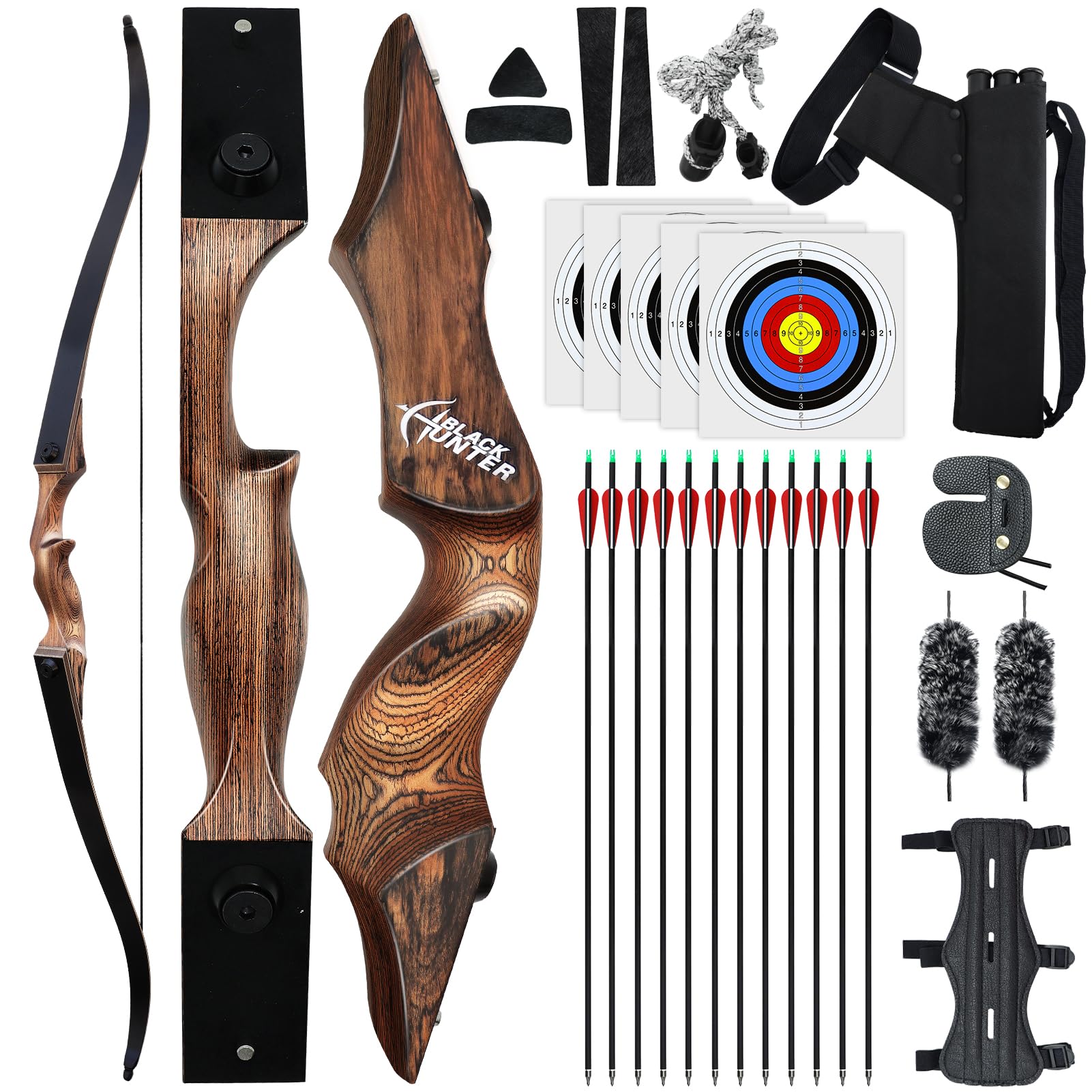 Black Hunter 60 inch Archery Recurve Bow and Arrows Set for Adults with 12 Pcs Carbon Arrows 20-60lb Recurve Hunting Bow for Adults and Beginners to Advanced Outdoor Practice (40 lbs)