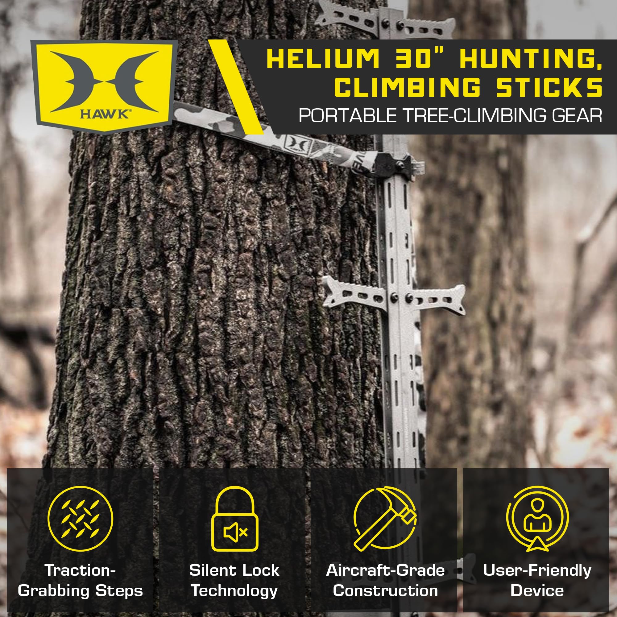 Hawk Helium 30 Inch Aluminum Climbing Sticks Tree Climbing Hunting Gear, Hunting Accessories for Tree Stands, Deer Stands, & Blinds, 3 Pack