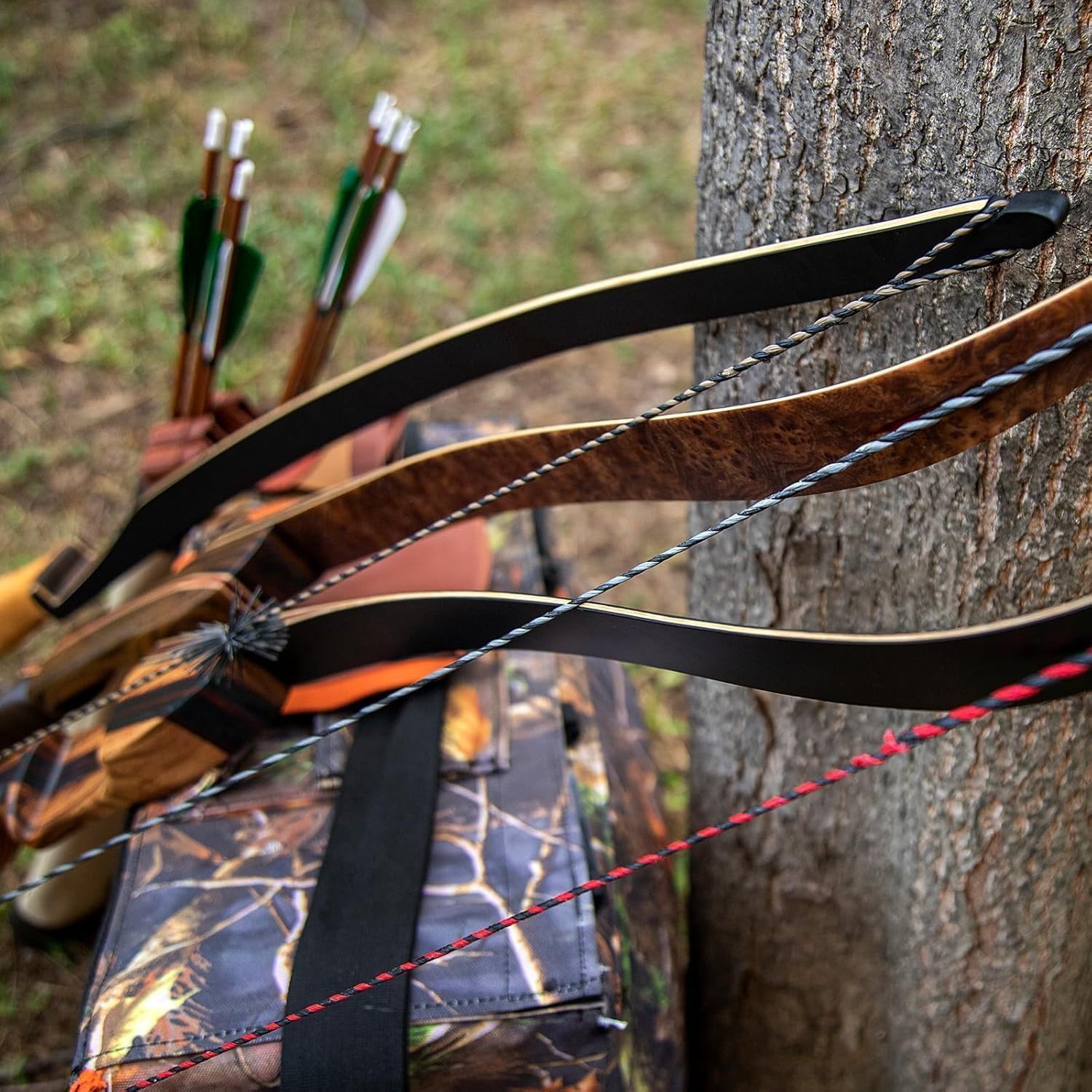 Deerseeker Flemish D97 Bow String Handmade Twist Bowstring 16 Strands 54-70in Fast Flight for Traditional Longbow Recurve Bow Replacement Archery Accessories (Brown+Black, AMO 64"(Actual Length 60"))
