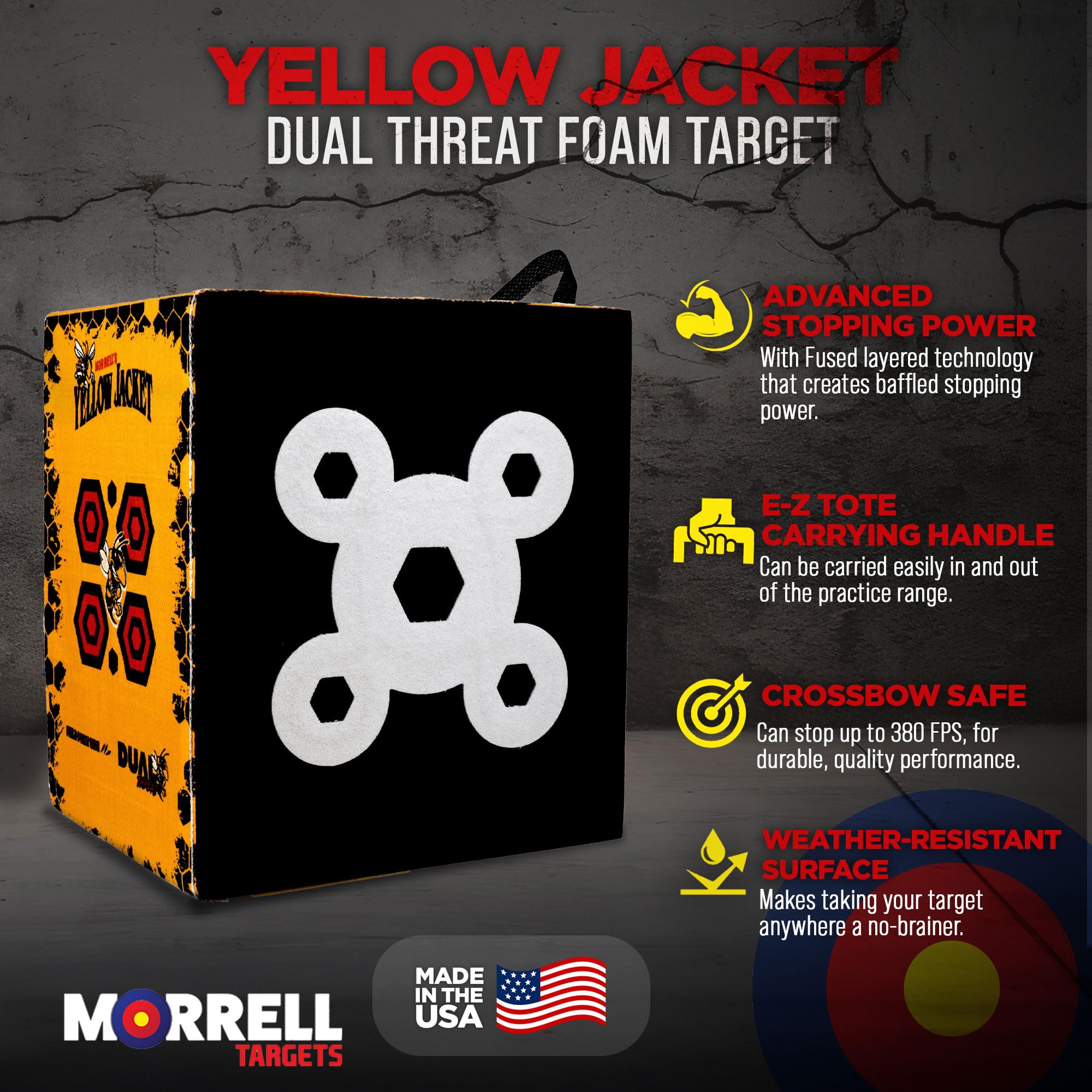 Morrell Yellow Jacket Dual Threat 380 FPS Foam Archery Target Block for Compound Bows and Crossbows, with 4 Sides and 32 Bullseyes, Yellow