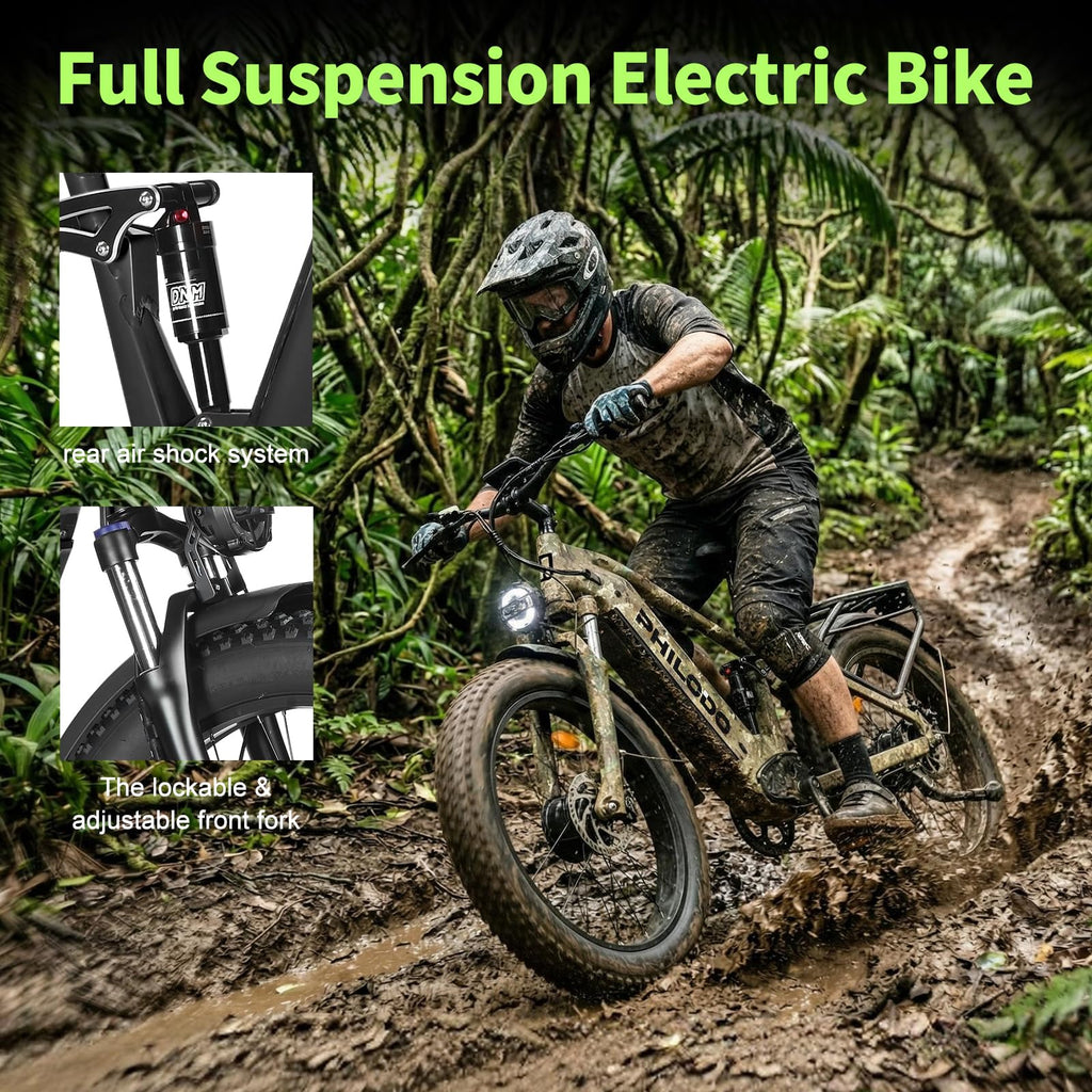 PHILODO 5000w Dual Motor E-Bike 60V Electric Bike for Adults,45 MiIe P-Hour Full Suspension Hydraulic Disc Brakes EBike,26/24x4 Fat Tires Mountain Bikes for All Terrain Snow/Sand