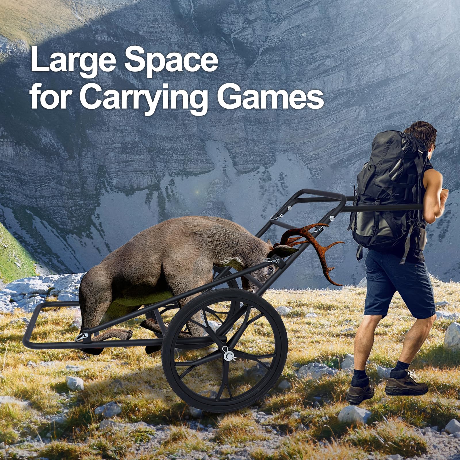 Deer Cart, 500 LBS Folding Deer Game Cart Hauler with 17'' Big Wheels, Heavy-Duty Metal Frame, Ergonomic Handle, Hunting, Camping, Fishing & Hiking
