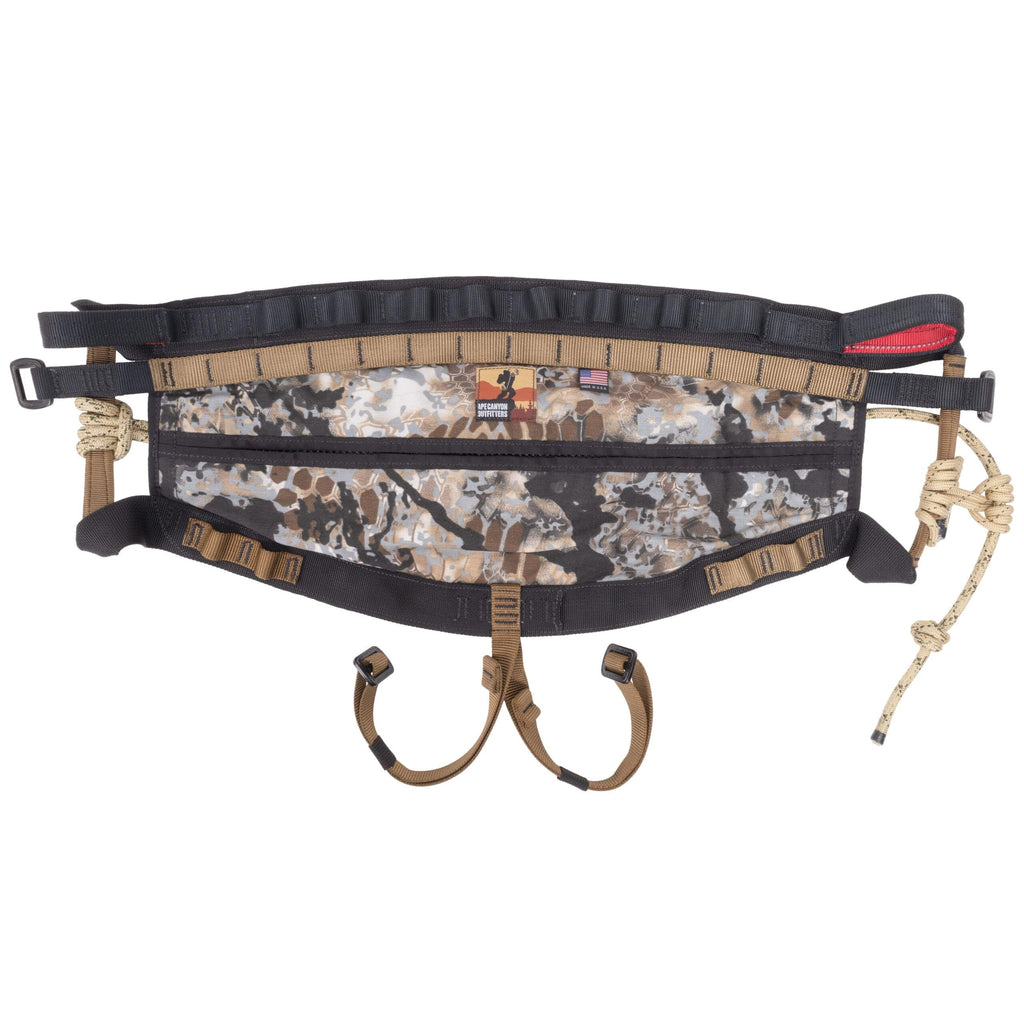 Ape Canyon Outfitters Wood Deluxe Saddle – Obskura Skyfall Camouflage Tree Saddle with Adjustable Rope Bridge and AustriAlpin Buckles – Sit & Lean Hunting Saddle in Small/Medium/Large