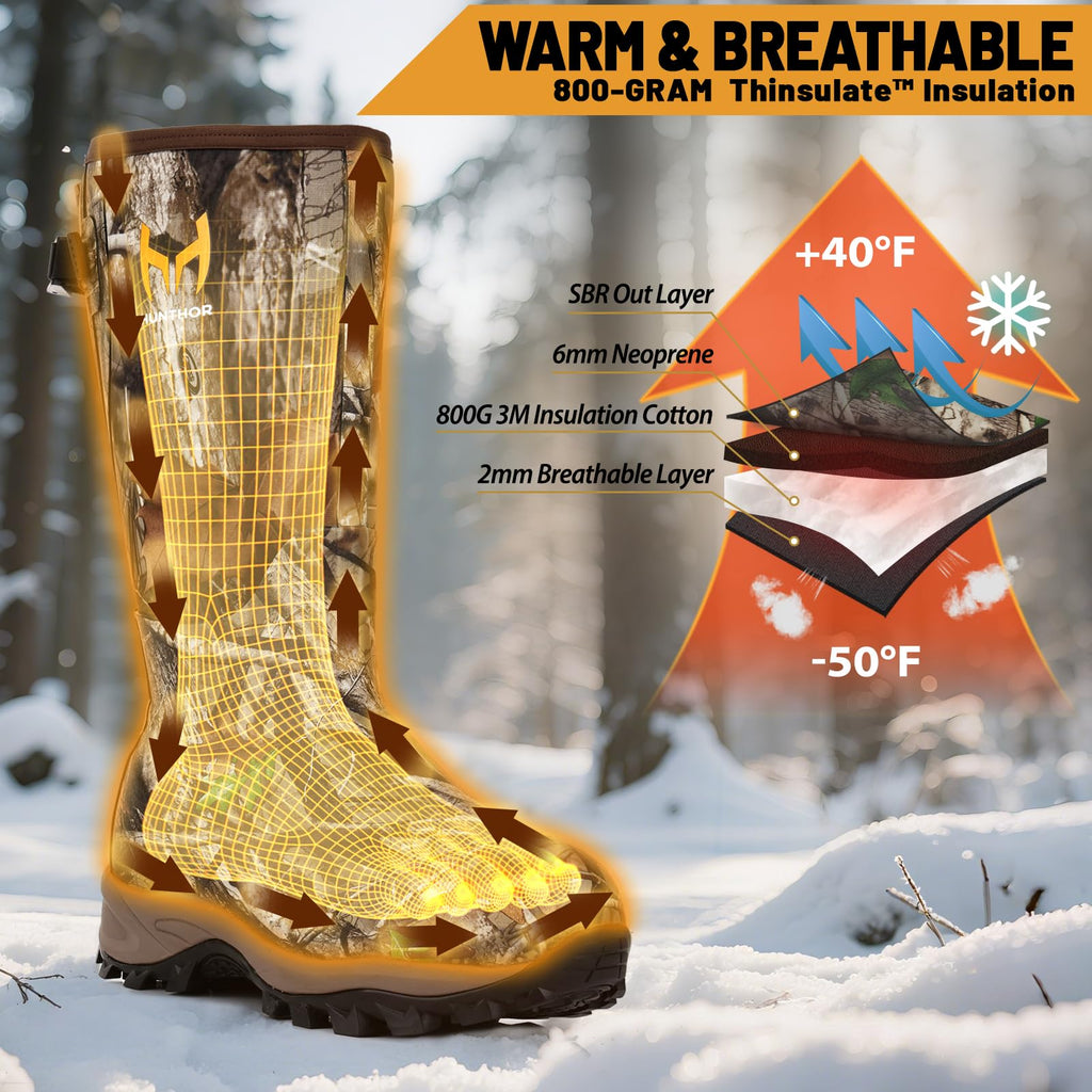 Hunthor Rubber Hunting Boots for Men with 800g Insulation, Waterproof Insulated 6mm Neoprene Shoes for Outdoor Hunting (Next Camo, Size 6)