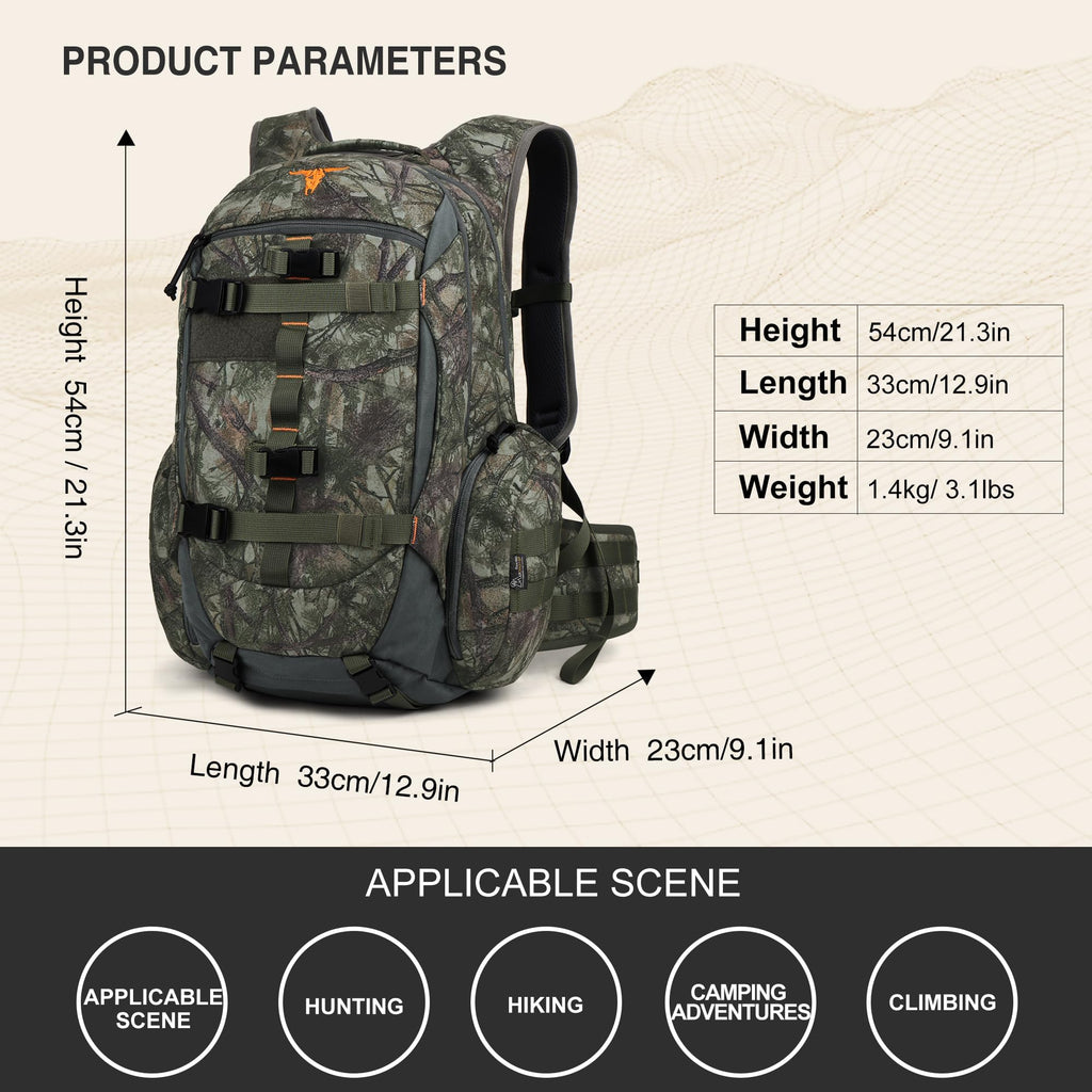 Mardingtop Camo Hunting Backpack for Bow Rifle Gun，Large Capacity Tactical Hunting Day Pack with Rain Cover for Hunting Camping Hiking