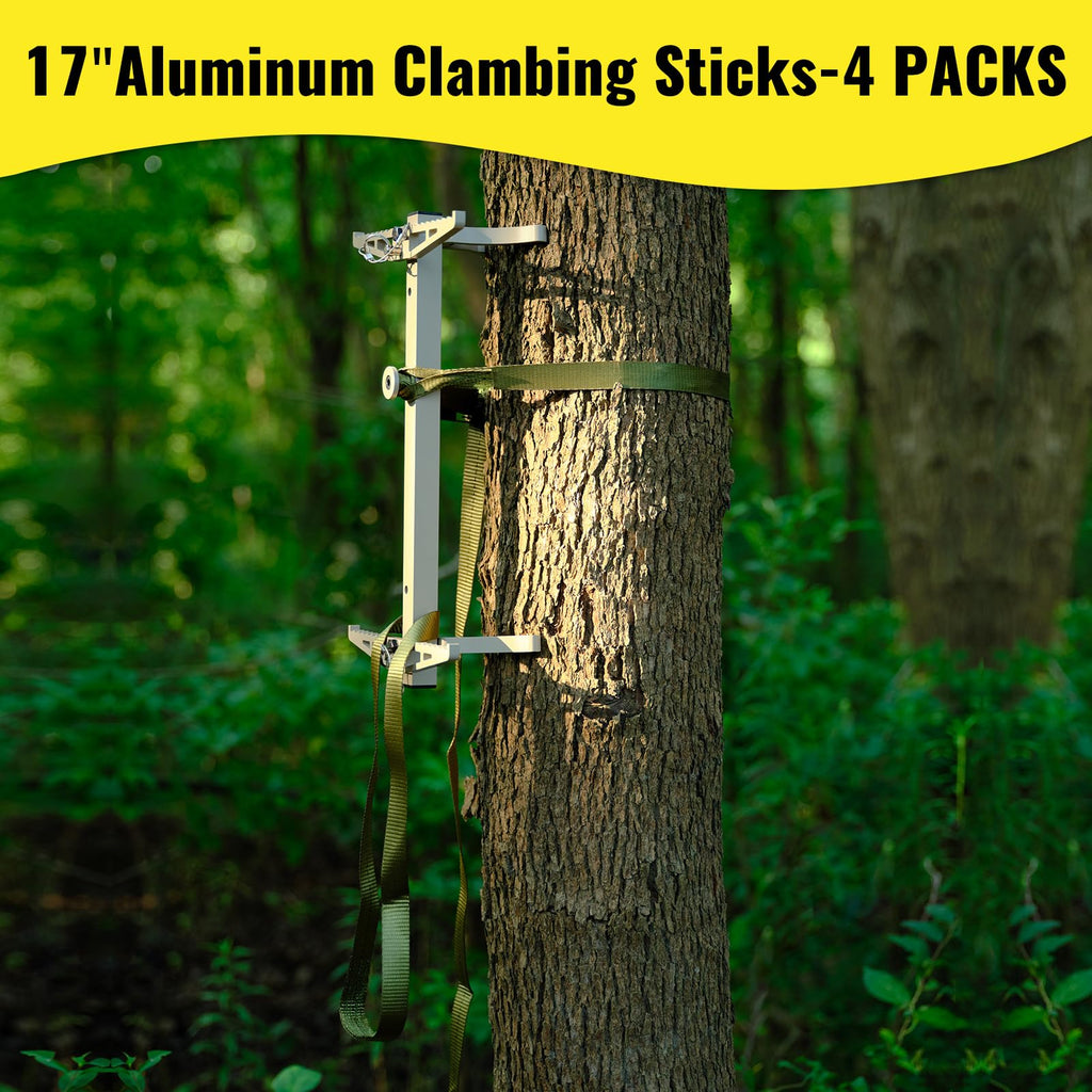 ONECHOI Climbing Sticks, 17” Lightweight Aluminium Hunting Climbing Sticks w/Silent Design, Tree Stand Sticks w/Pivoting V-Brackets & 20” Rope Aiders, Tree Steps for Deer Hunting Gear(4 Packs)