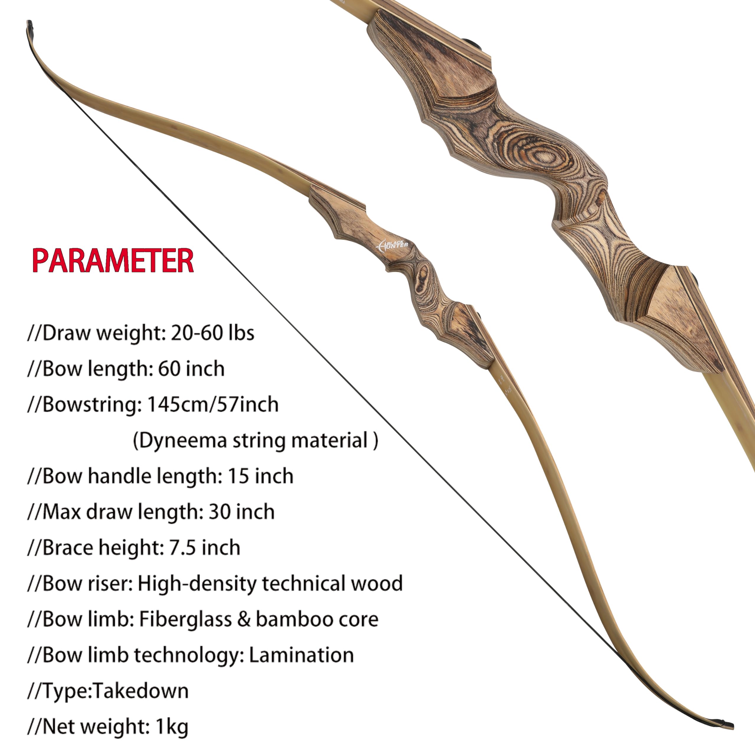 ZSHJGJR 60” Black Hunter Original Recurve Bow for Adults American Hunting Longbow Archery Bow 20-60lbs Right Handed for Archery Hunting Shooting Practice (Wood, 50lbs)