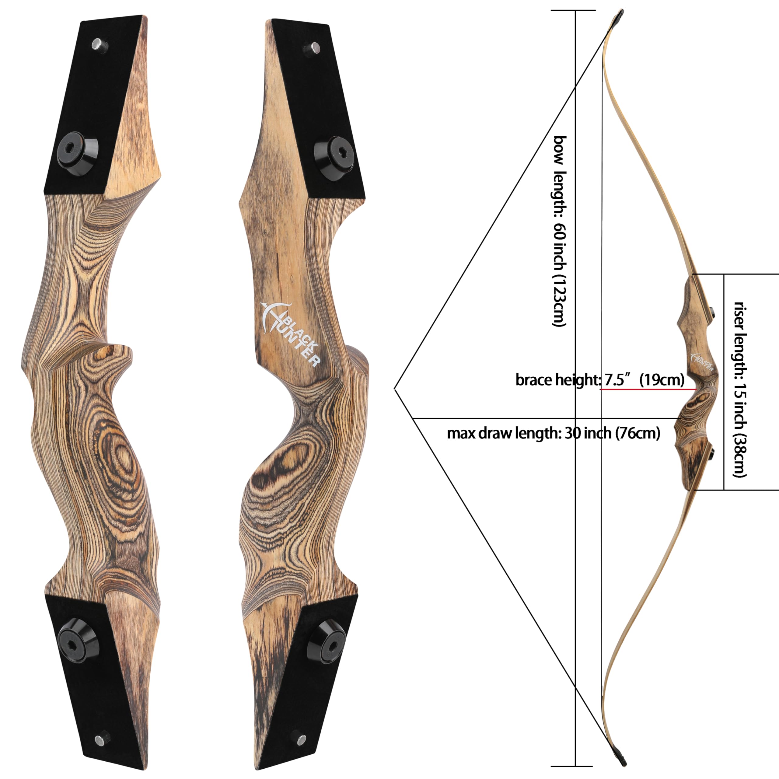 ZSHJGJR 60” Black Hunter Original Recurve Bow for Adults American Hunting Longbow Archery Bow 20-60lbs Right Handed for Archery Hunting Shooting Practice (Wood, 50lbs)