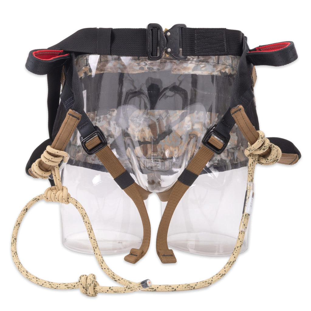 Ape Canyon Outfitters Wood Deluxe Saddle – Obskura Skyfall Camouflage Tree Saddle with Adjustable Rope Bridge and AustriAlpin Buckles – Sit & Lean Hunting Saddle in Small/Medium/Large