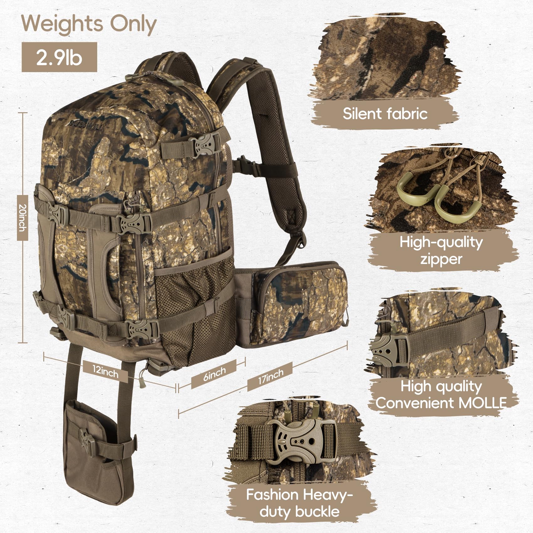 BLISSWILL Hunting Backpack Hunting Day Pack with rifle holder Hunting Gear Accessories gift for men(Rock Bark)