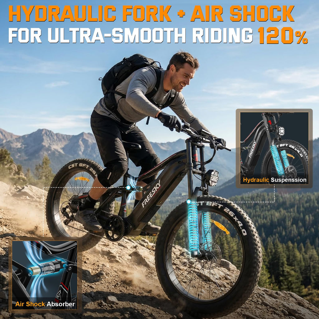 FREESKY 3500W BAFANG Motor Electric Bike for Adults, 48V 35Ah Removable Battery Ebike 140 Miles, 38+MPH, 26" Fat Tire Mountain E Bike, Full Suspension Bike, UL 2849 Certified by TÜV(Standard)
