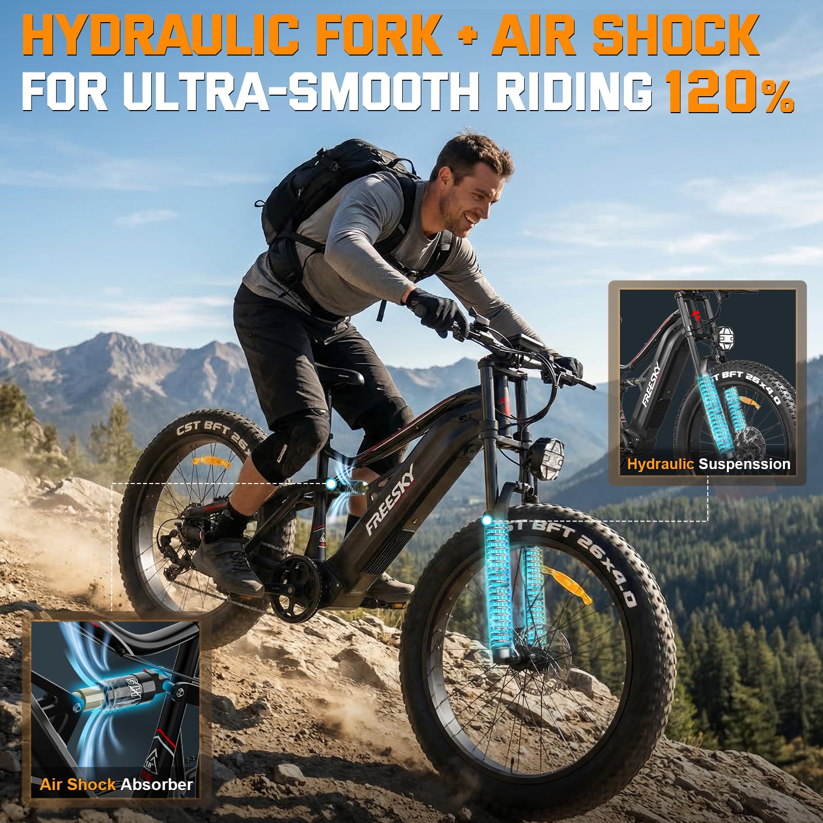 FREESKY 3500W BAFANG Motor Electric Bike for Adults, 48V 35Ah Removable Battery Ebike 140 Miles, 38+MPH, 26" Fat Tire Mountain E Bike, Full Suspension Bike, UL 2849 Certified by TÜV(Standard)