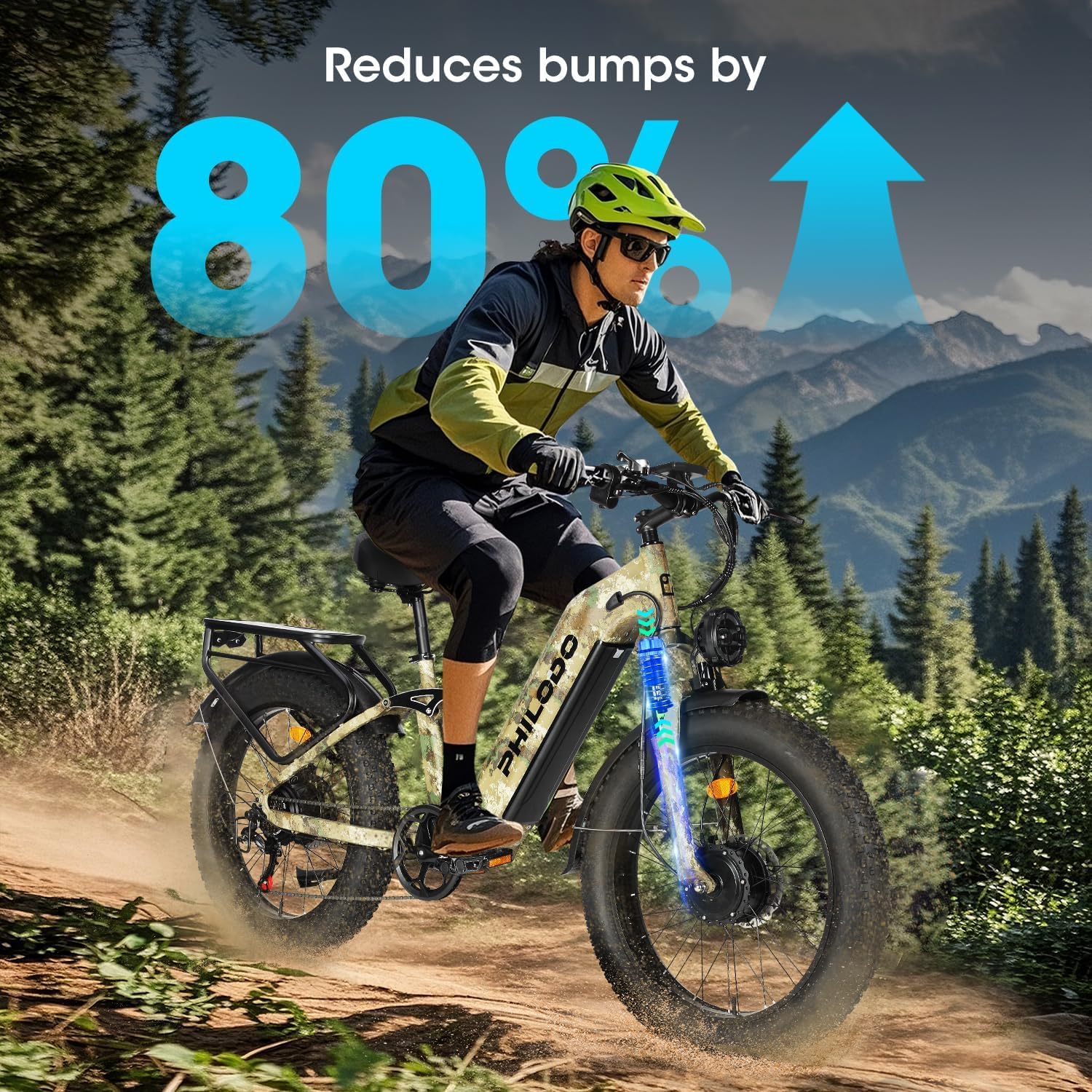 PHILODO Falcon 60V Off-Road Electric Bike Dual Motor Hunting Ebike, Fat Tire Full Suspension Dirt Bike for Adults, Long Range Snow/Sand Electric Bicycle(Green)