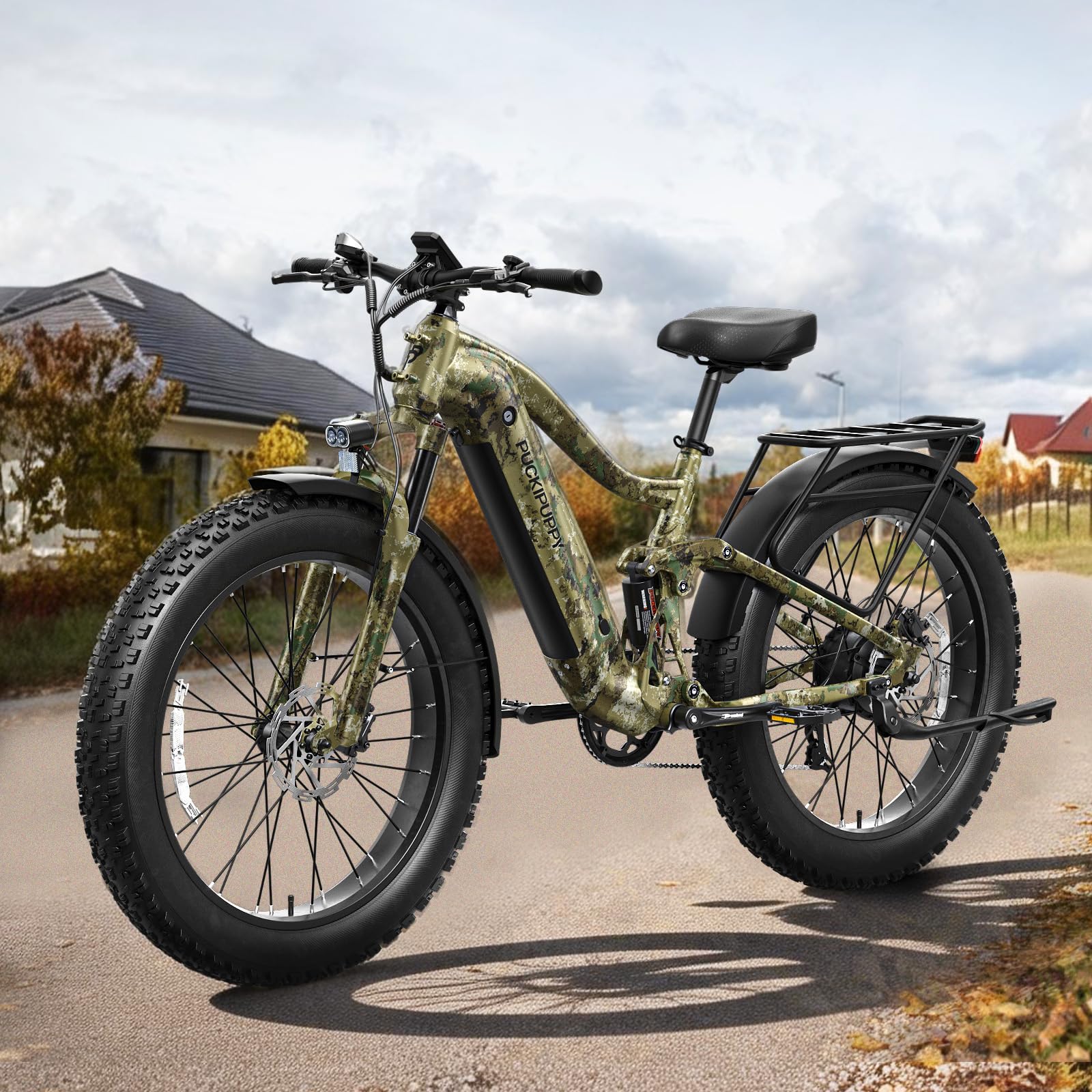 PUCKIPUPPY Boxer Electric Bike for Adults 960W, 48V 20AH Battery Ebike, Full Suspension 26" Fat Tire E Bike, 28MPH 80Miles Range Mountain Electric Bicycle, 7 Speed Hydraulic Disc Brakes Camouflage