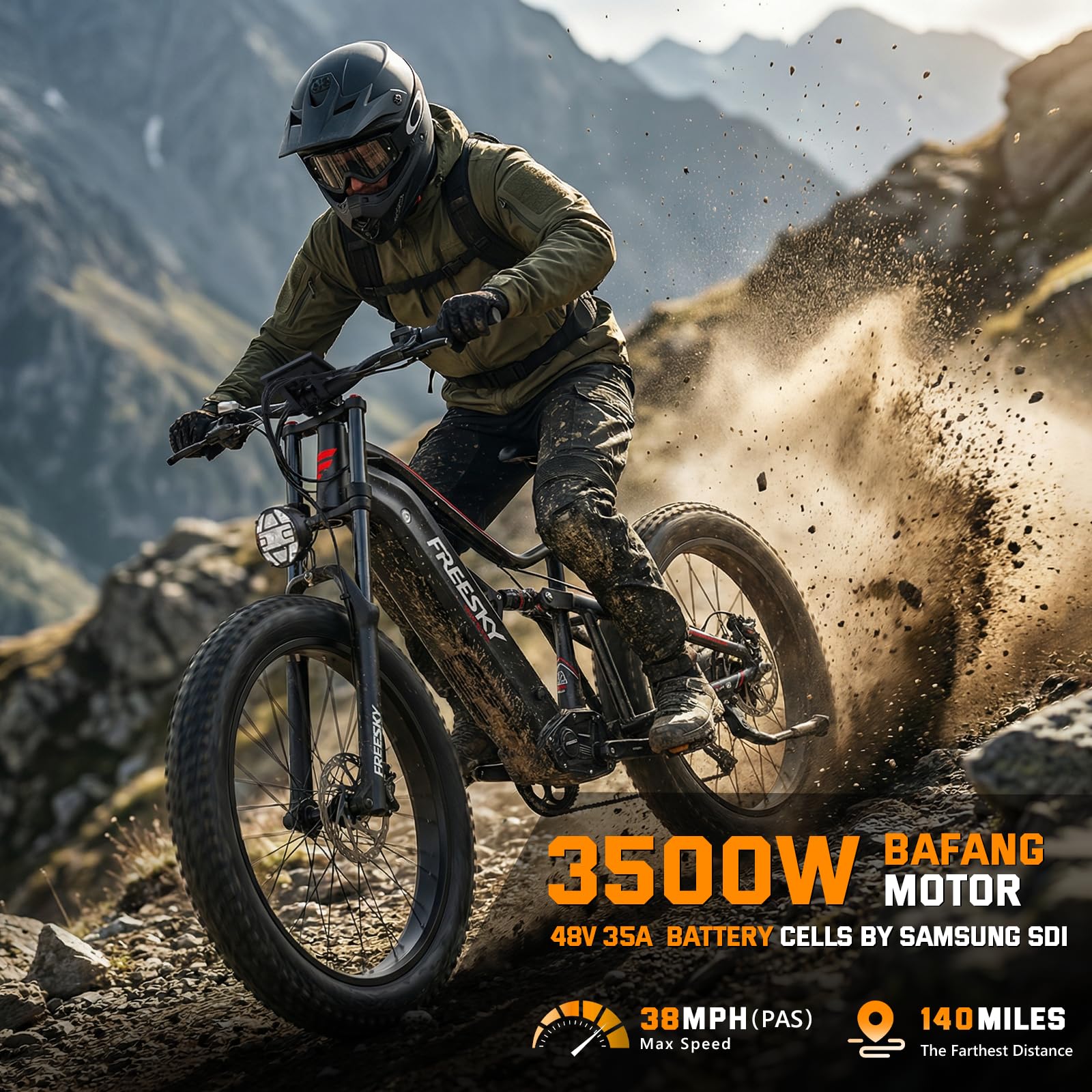 FREESKY 3500W BAFANG Motor Electric Bike for Adults, 48V 35Ah Removable Battery Ebike 140 Miles, 38+MPH, 26" Fat Tire Mountain E Bike, Full Suspension Bike, UL 2849 Certified by TÜV(Standard)