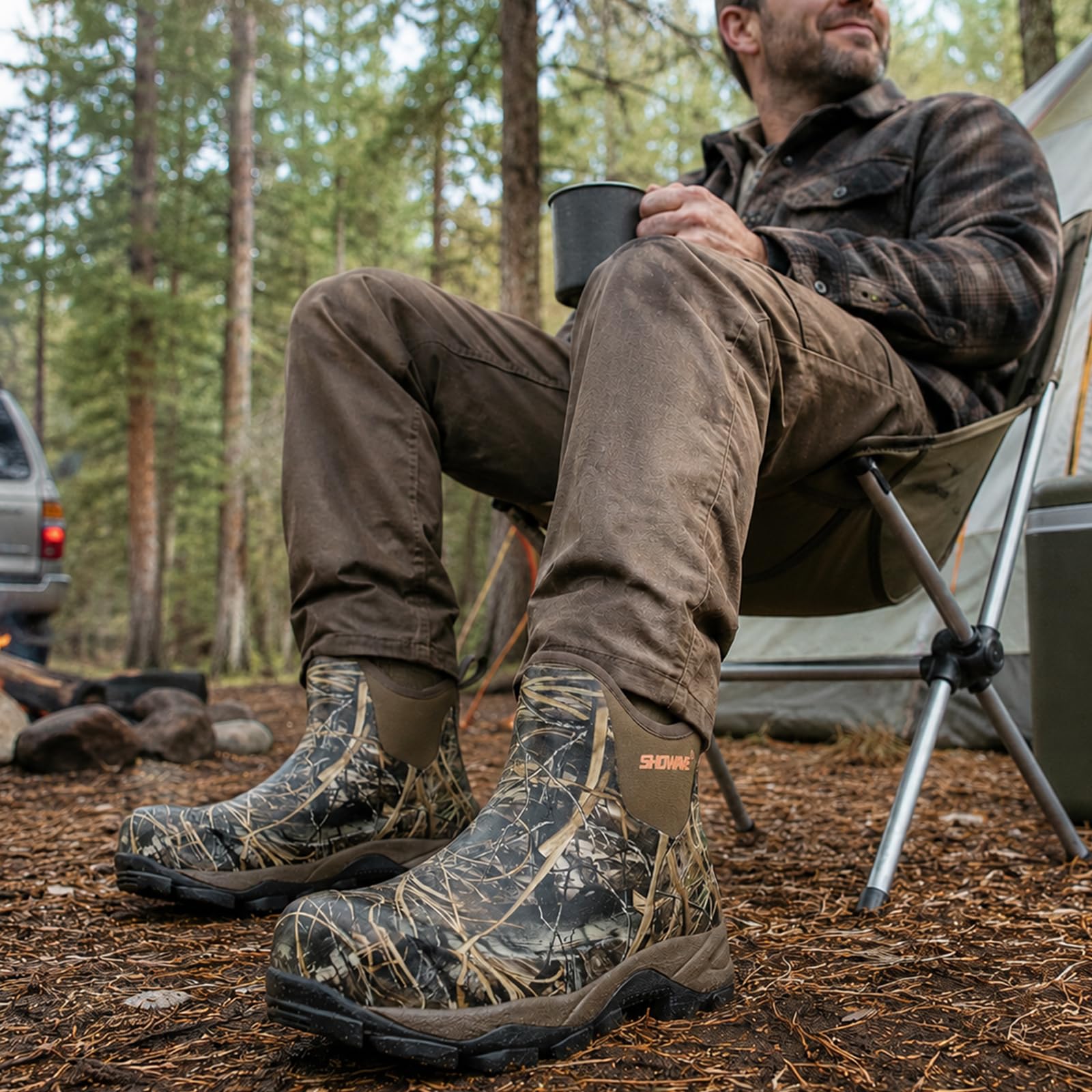 Showave Men's Rubber Boots Waterproof Rain Footwear Durable Short Hunting Boots for Mud Gardening Yard and Chore Working (Size 11,Camo)