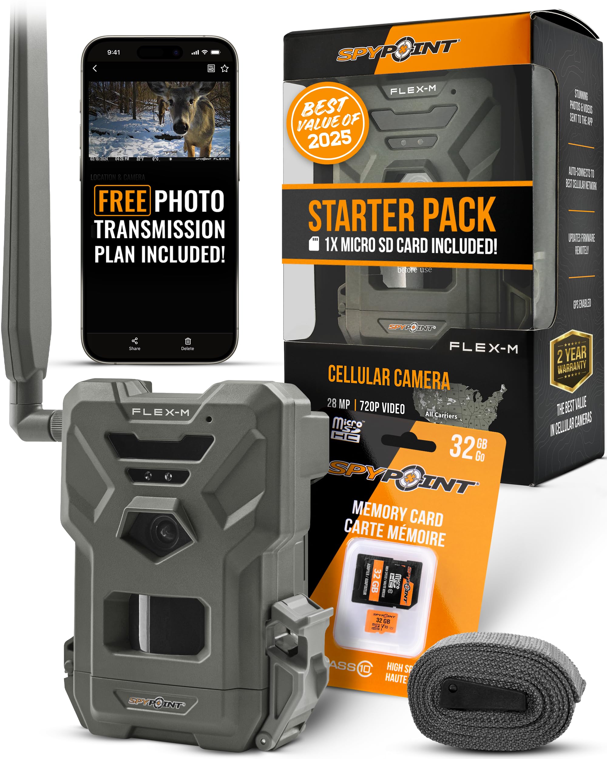 SPYPOINT Flex-M and SD Card Pack - Cellular Trail Cameras |Best Value in Hunting Accessories |No WiFi Needed & GPS-Enabled |Hunting Night Vision | IP65 Waterproof |28MP Photos, 720p Videos