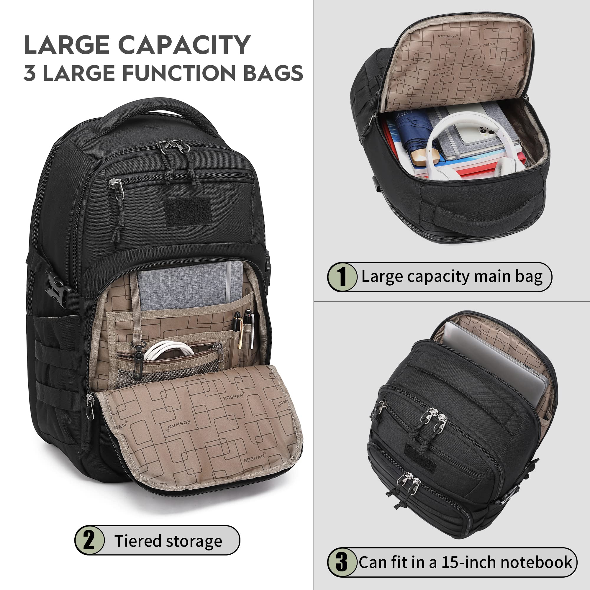 Wotony Military tactical backpack, backpack for men black small tactical assault bag (Black, 18.5 inch)