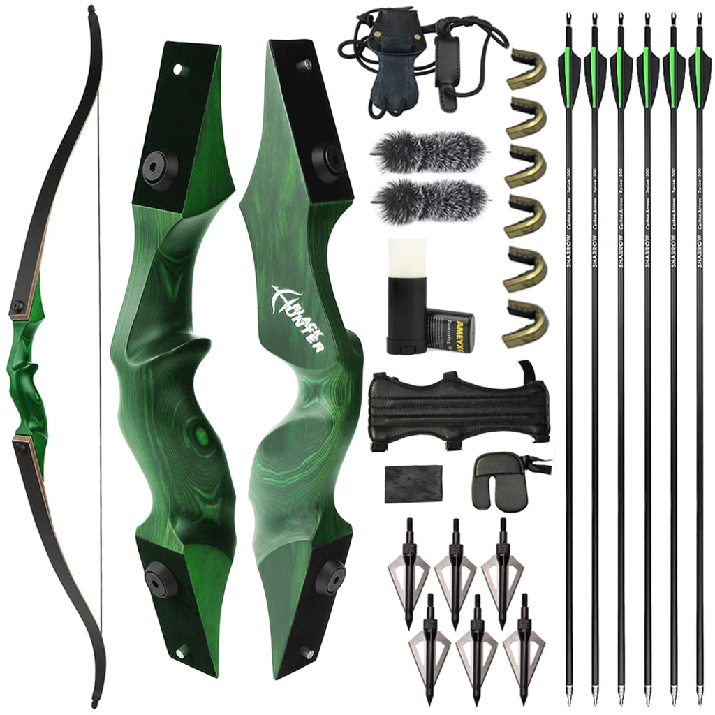 ZSHJGJR 60” Black Hunter Original Recurve Bow and Arrow Set 20-60lbs American Hunting Longbow Archery Bow Right/Left Handed for Outdoor Hunting Shooting Practice (Green, 45lbs, Left Hand)