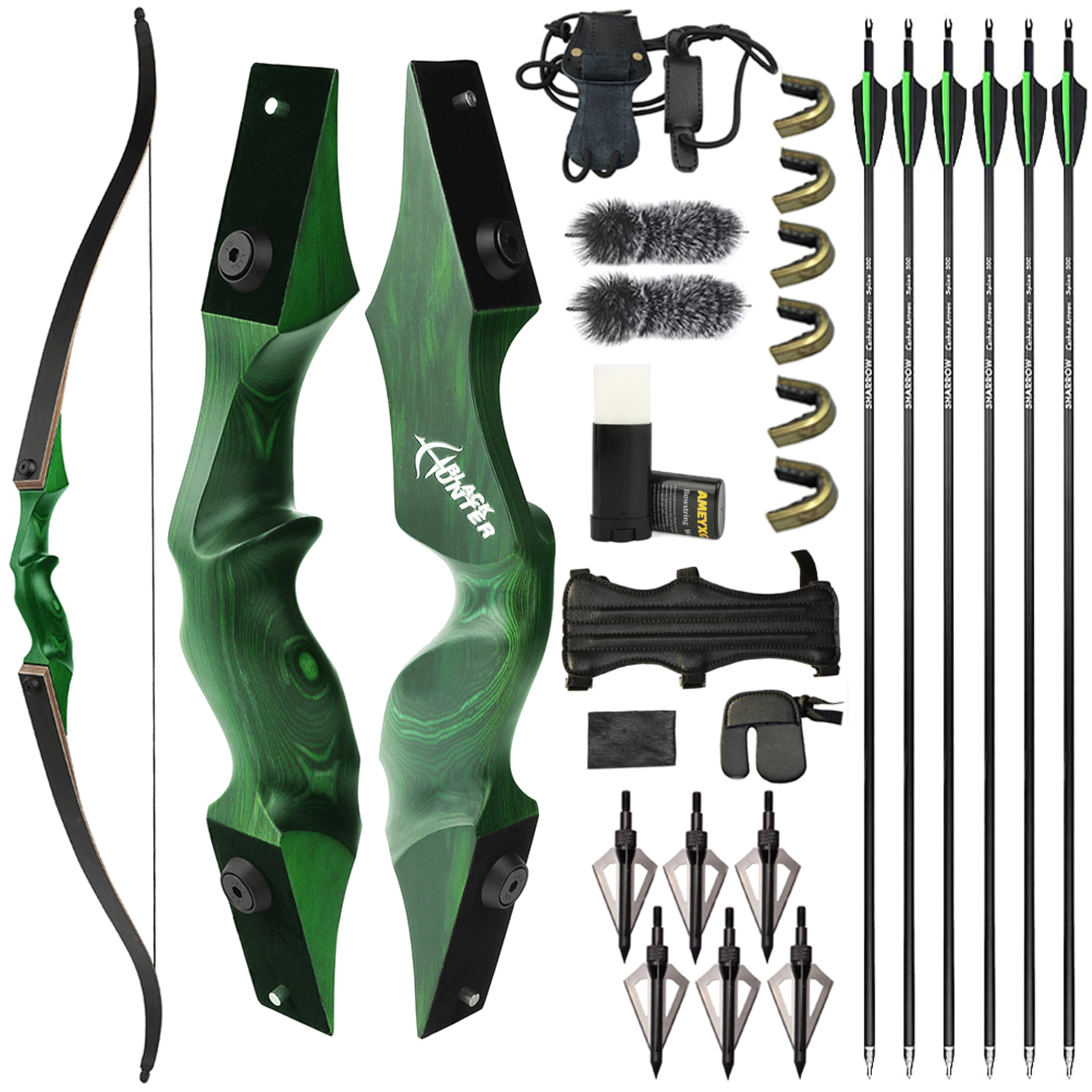 ZSHJGJR 60” Black Hunter Original Recurve Bow and Arrow Set 20-60lbs American Hunting Longbow Archery Bow Right/Left Handed for Outdoor Hunting Shooting Practice (Green, 45lbs, Left Hand)