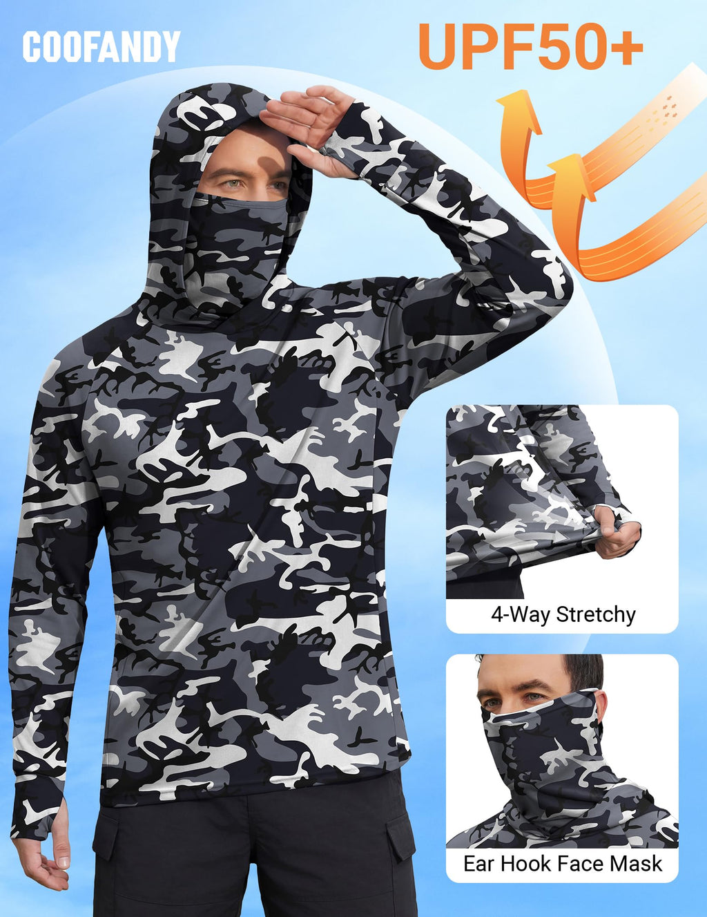 COOFANDY Mens Sunscreen Hoodie Shirts Long Sleeve Fishing Swim SPF Shirt Rash Guard UPF 50+ Lightweight for Hiking Workout Black Camouflage