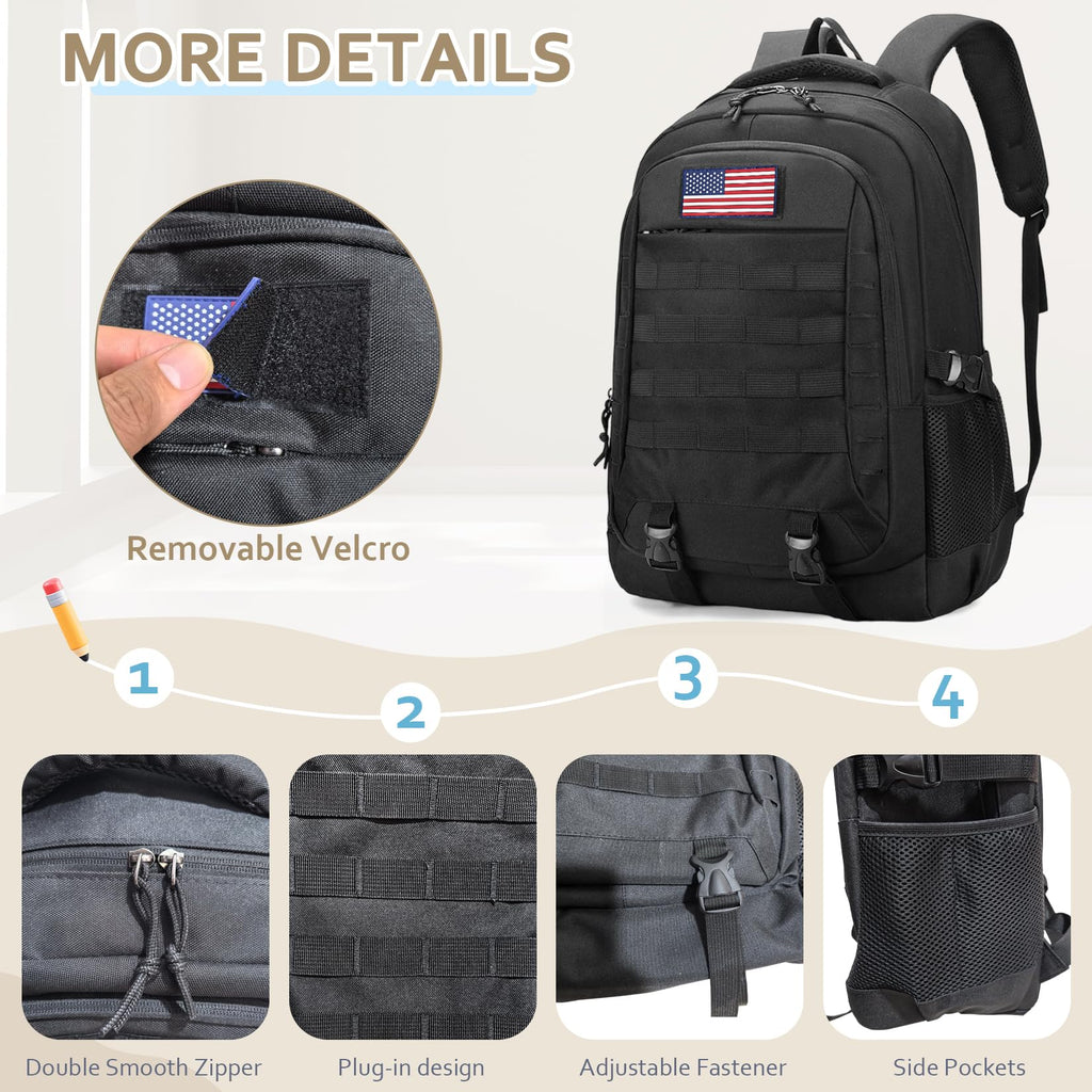 CGYCSY Tactical Backpack - 19'' Waterproof School Bag for Kids, 15.6" Laptop Compartment & MOLLE Webbing for Camping Hiking Travel