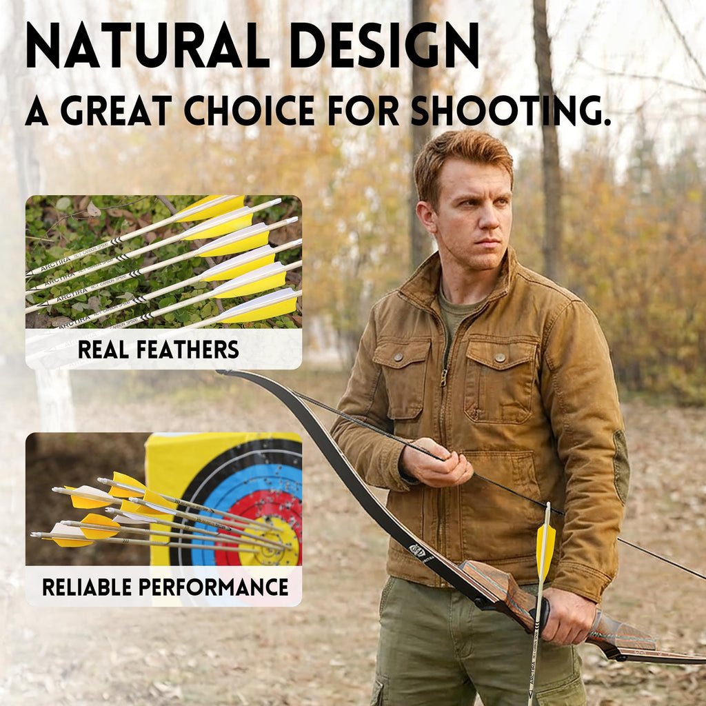 ARCTIRA 12Pcs Archery Traditional Carbon Arrows for Recurve Bow with Feather for Longbow Compound Bow Lightweight Hunting Arrows for Adults Target Practice (White Shaft, 600 Spine)