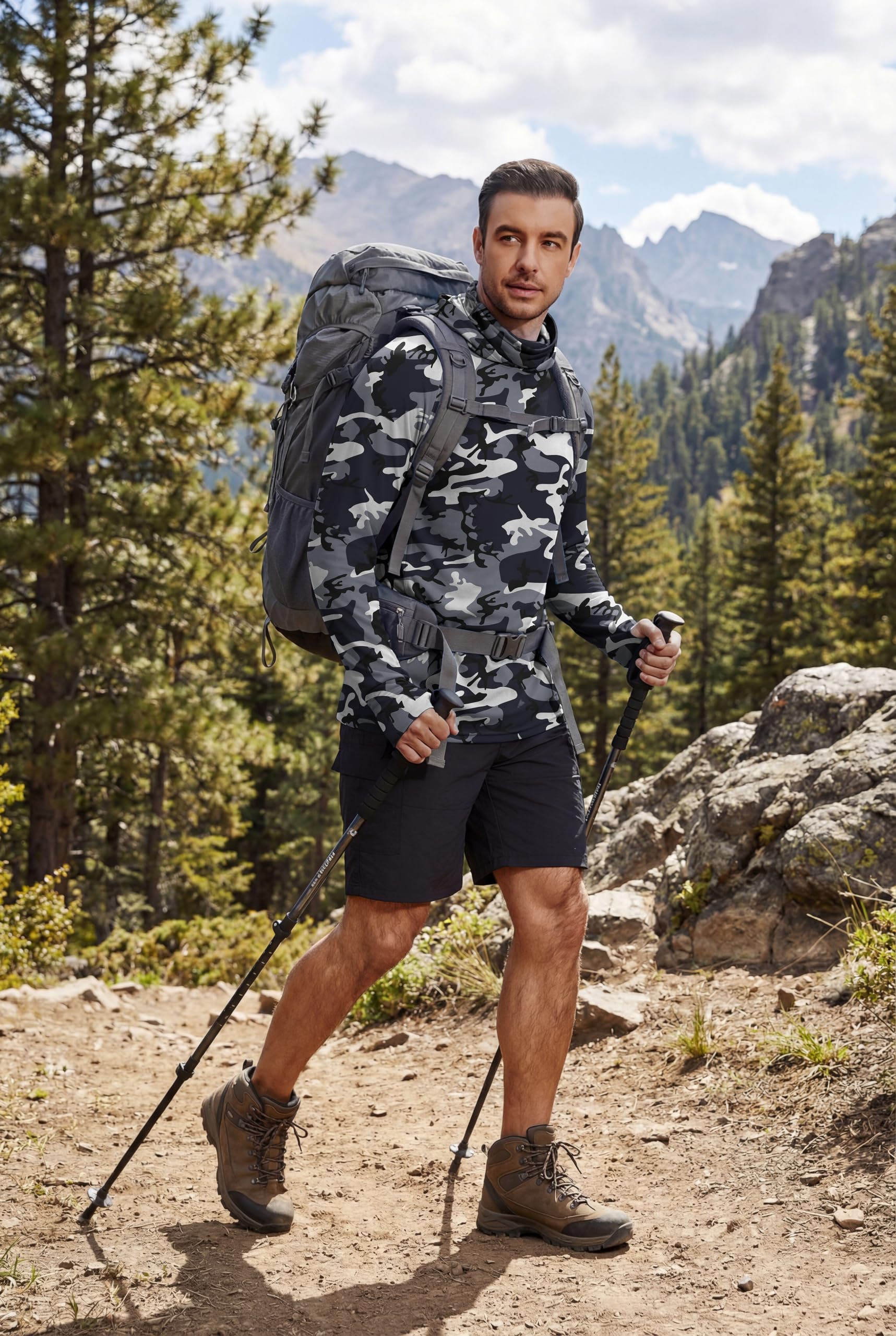 COOFANDY Mens Sunscreen Hoodie Shirts Long Sleeve Fishing Swim SPF Shirt Rash Guard UPF 50+ Lightweight for Hiking Workout Black Camouflage