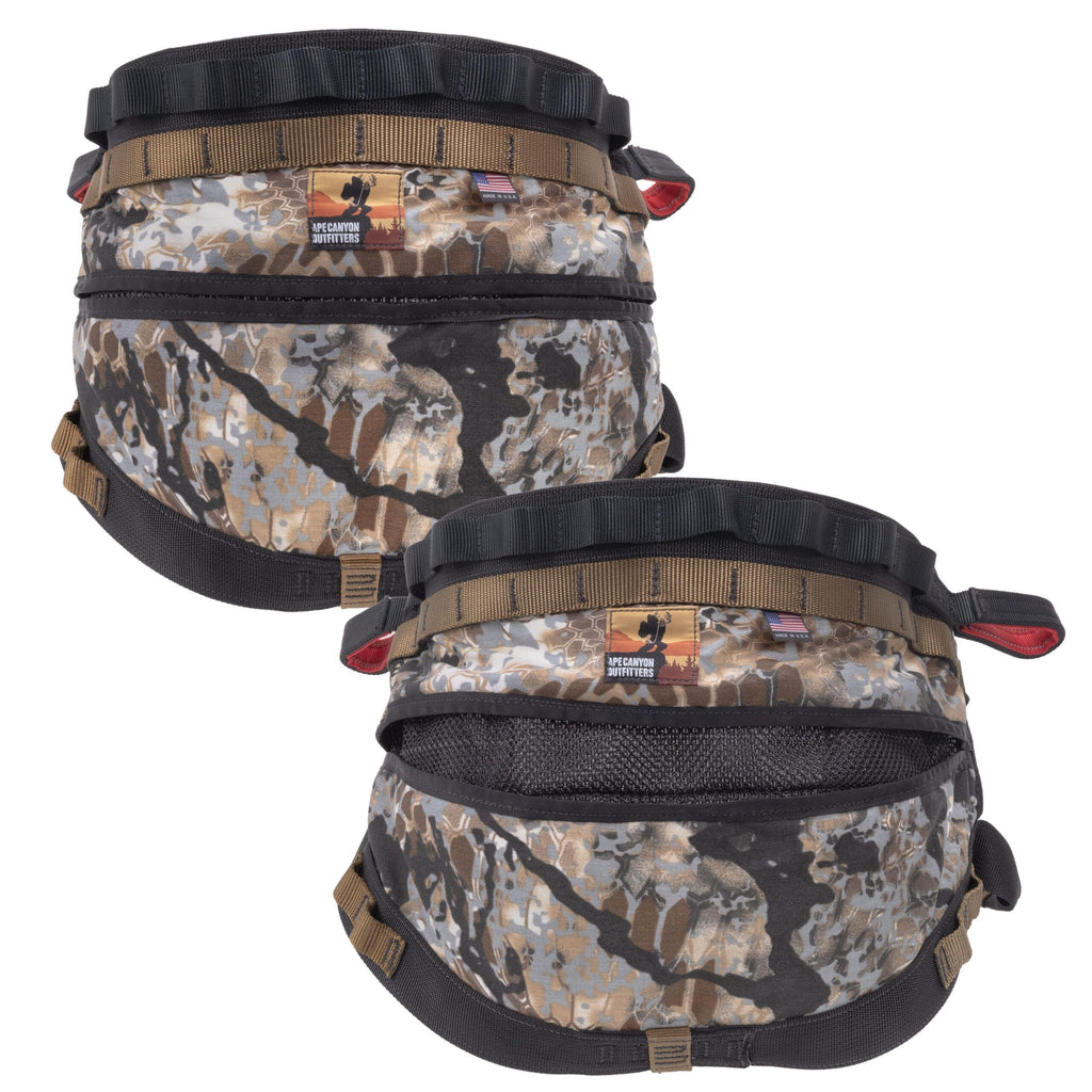 Ape Canyon Outfitters Wood Deluxe Saddle – Obskura Skyfall Camouflage Tree Saddle with Adjustable Rope Bridge and AustriAlpin Buckles – Sit & Lean Hunting Saddle in Small/Medium/Large