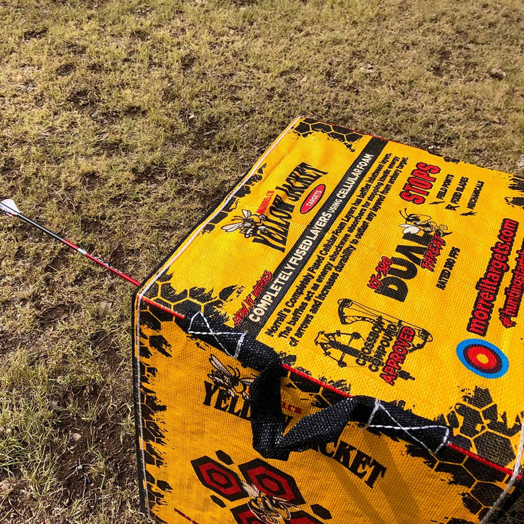 Morrell Yellow Jacket Dual Threat 380 FPS Foam Archery Target Block for Compound Bows and Crossbows, with 4 Sides and 32 Bullseyes, Yellow