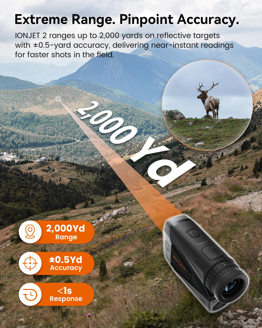 MILESEEY Hunting Rangefinder, 2000+ Yards Rechargeable Laser Range Finder with Bow Hunting Mode, Horizontal Distance/Angle/Scan, 7X Magnification, Waterproof Archery Shooting Rangefinder with Magnet