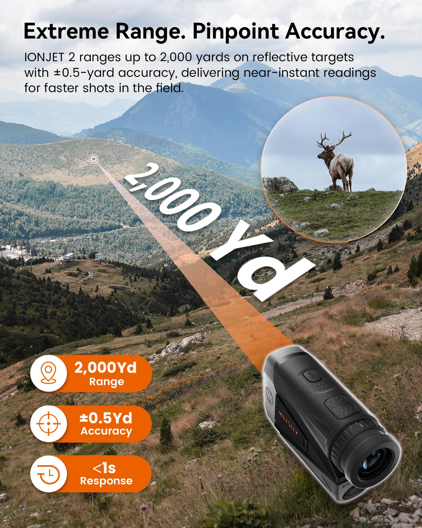 MILESEEY Hunting Rangefinder, 2000+ Yards Rechargeable Laser Range Finder with Bow Hunting Mode, Horizontal Distance/Angle/Scan, 7X Magnification, Waterproof Archery Shooting Rangefinder with Magnet